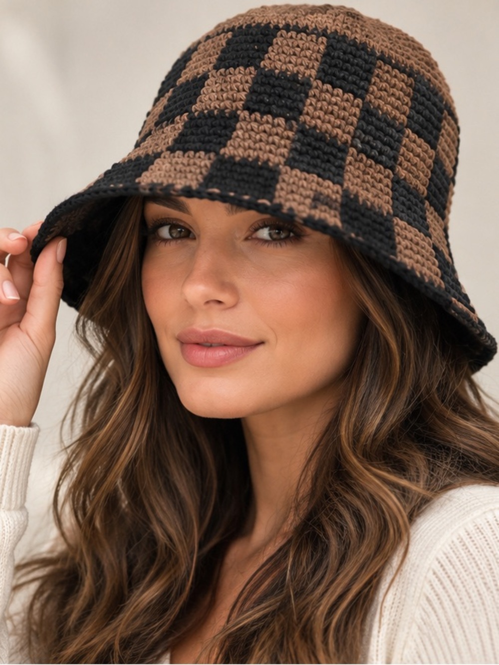 MEMORIAL DAY Checkered Crochet Bucket Hat Brown Size 2 NWT